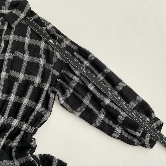 Vintage Havana Dress S Black White Plaid Puff Sleeve Raw HemTie Waist Oversized - Picture 9 of 12